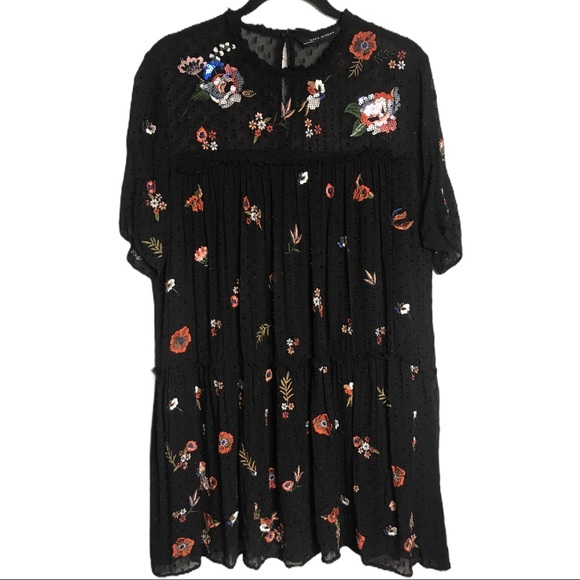Zara | Dresses | Zara Black Embroidered Chiffon Swiss Dot Dress | Poshmark